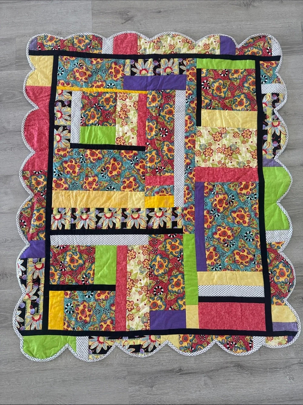 Handmade Patchwork Floral Quilt Size 43x52 inches Bright Colorful Polka Dots